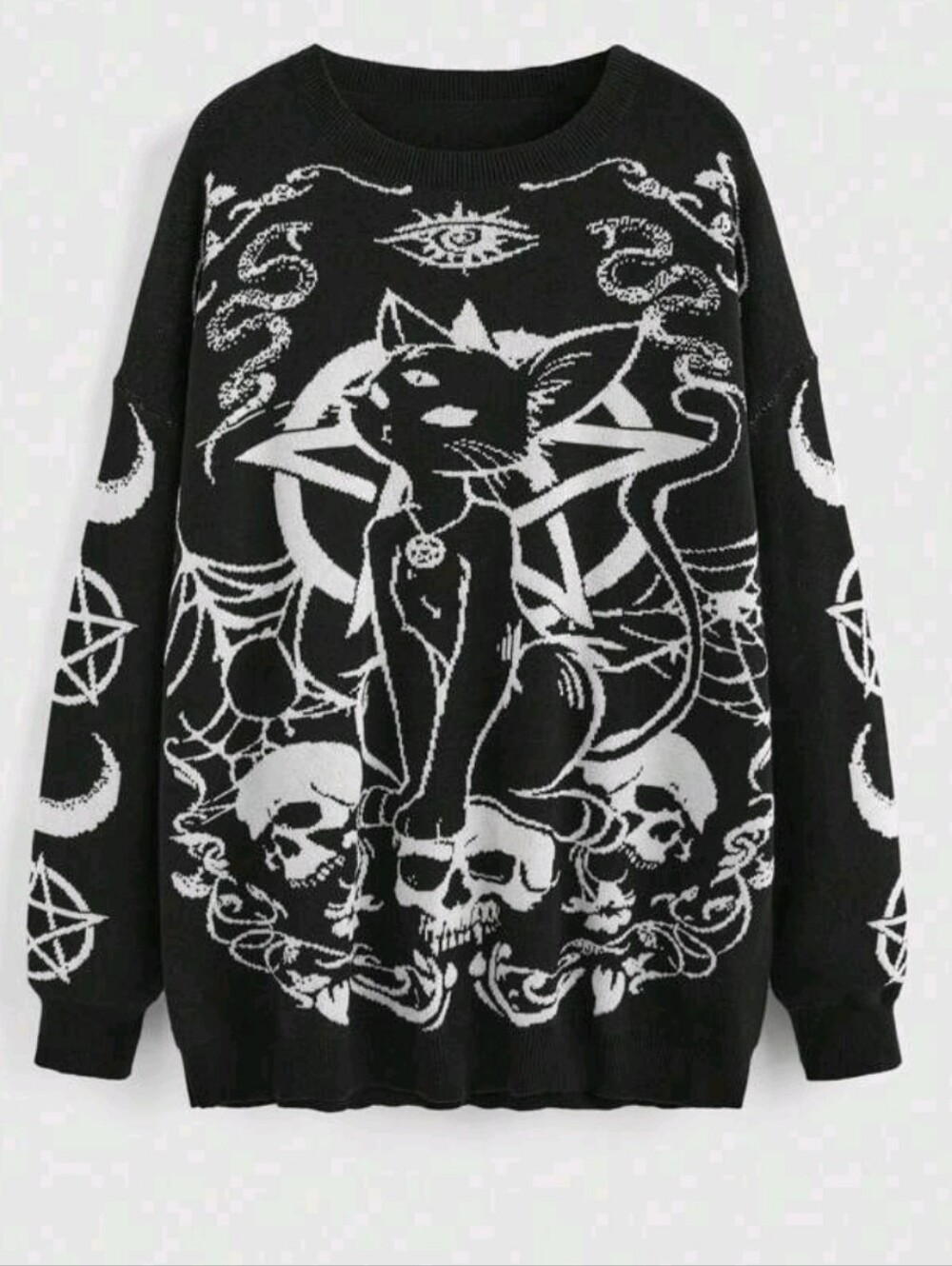 Black Gothic Cat & Skull Graphic Sweater